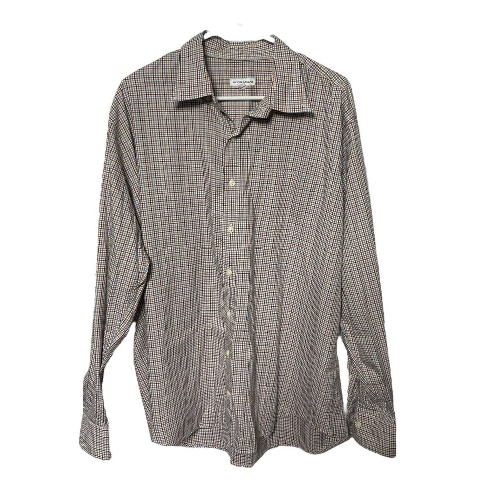 Peter Millar Button Up Shirt Mens XL Long Sleeve Orange Blue White Check Plaid